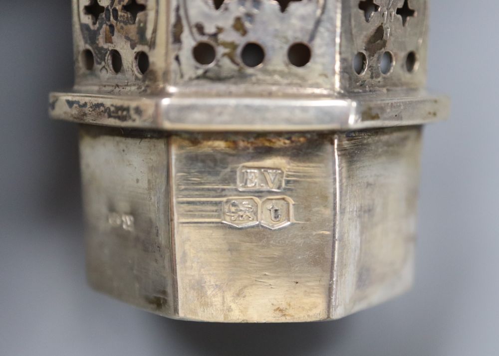 A 1930s silver octagonal sugar caster, 18cm, 5.5oz.